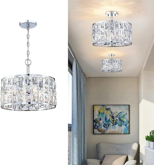 MEXO Farmhouse Crystal Convertible Chandelier and Semi Flush Mount Lighting Chrome Cylinder Drum Shade Pendant for Kitchen Island Dining Room Bedroom Hallway