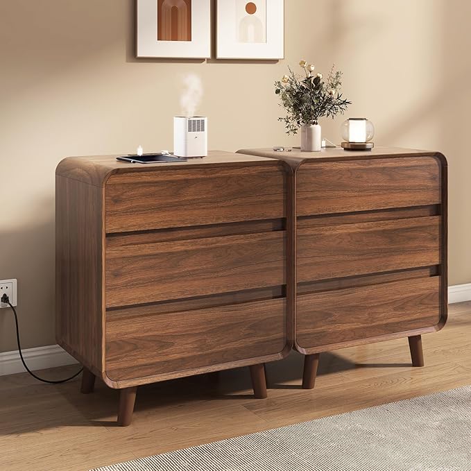 3 Drawer Dresser, Mid Century Modern Bedroom Dresser with Charger Station, Small Wooden Bed Side Table, Curved Beveled Design, Walnut