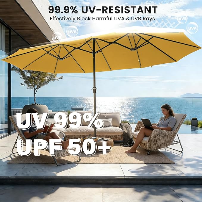 Ayge 15FT Patio Umbrella with Base,Large Outdoor Double-Sided Rectangle Umbrella with Crank Handle, Market Umbrella for Poolside Garden Deck Backyard Beach Pools,Yellow