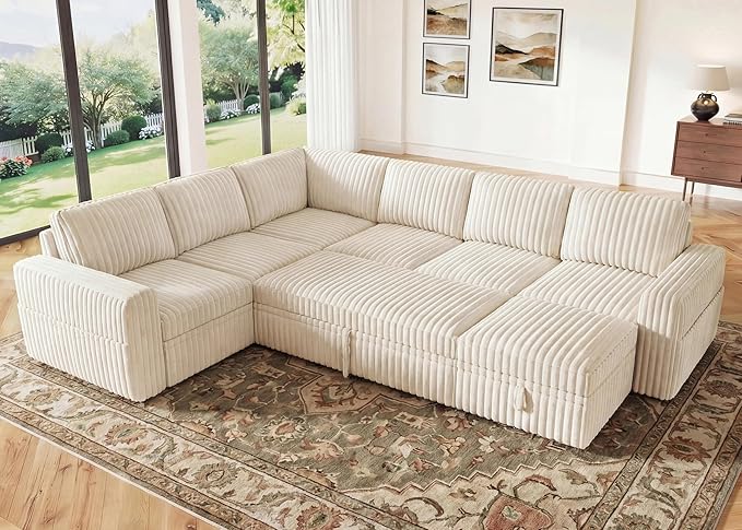 HONBAY Modular Sectional Sleeper Sofa with Pull Out Bed,Corduroy U Shaped Couch with Storage, Sectional Couches for Living Room,Beige