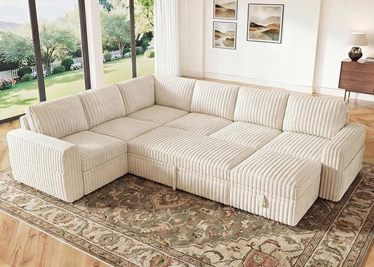 HONBAY Modular Sectional Sleeper Sofa with Pull Out Bed,Corduroy U Shaped Couch with Storage, Sectional Couches for Living Room,Beige