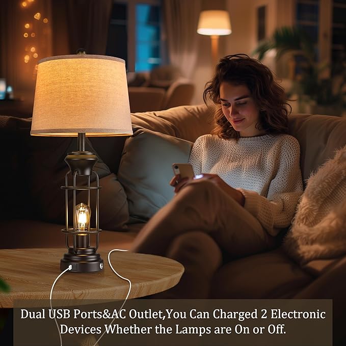 Table Lamp Set of 2 with USB Ports, 28" Tall Farmhouse Table Lamp with 2 Nightlight Bulbs,Touch Control Table Lamps for Bedroom, Rustic Bedside Lamp for End Tables,Bulbs Included,Black