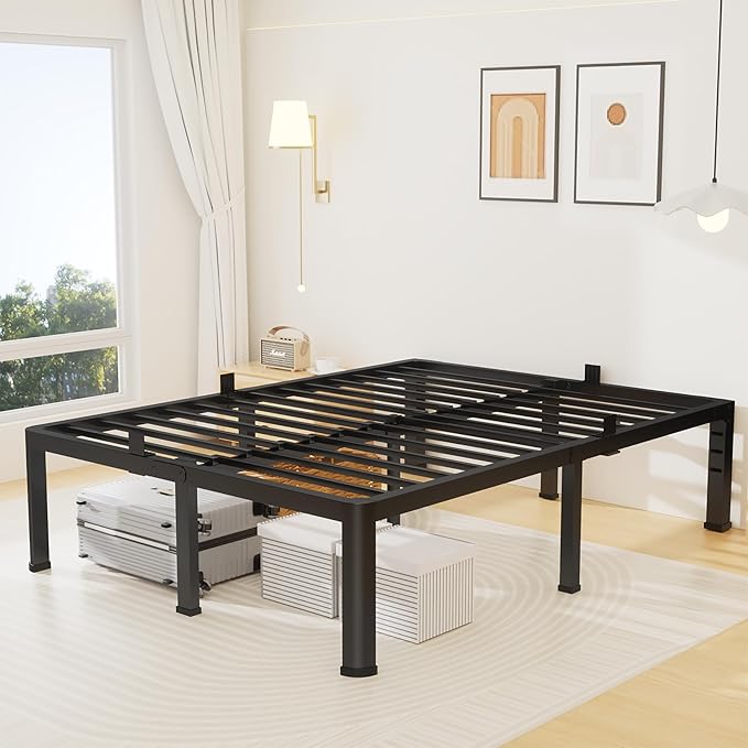 12 Inch Queen Bed Frame, Metal Platform Bed Frame with Round Corner Legs, 3500 lbs Heavy Duty Steel Slats Support, No Box Spring Needed, Noise Free, Easy Assembly, Black