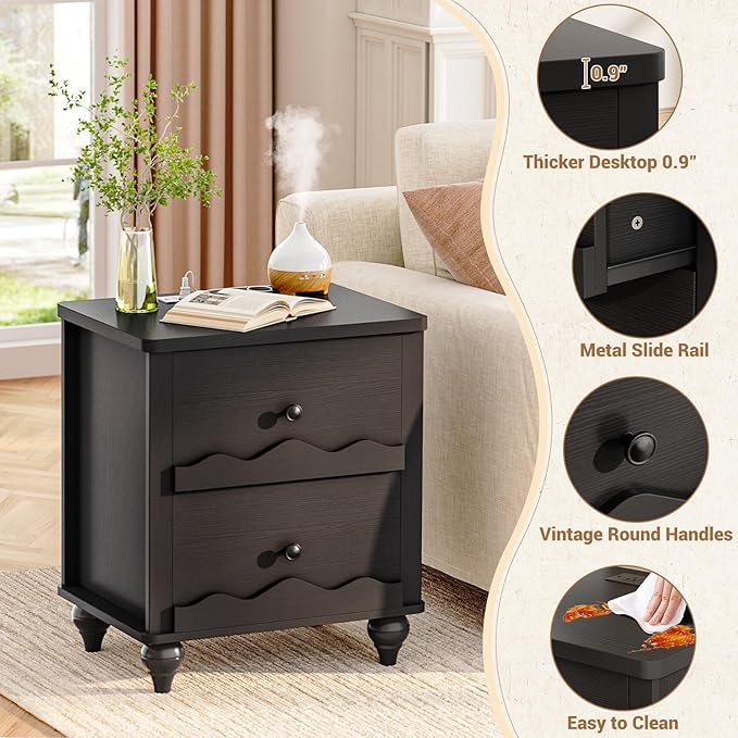 Cyclysio Black Nightstand with Charging Station, Scalloped Bedside Table with 2 Smooth Drawers, Modern End Table with Solid Wood Legs for Bedroom and Small Spaces