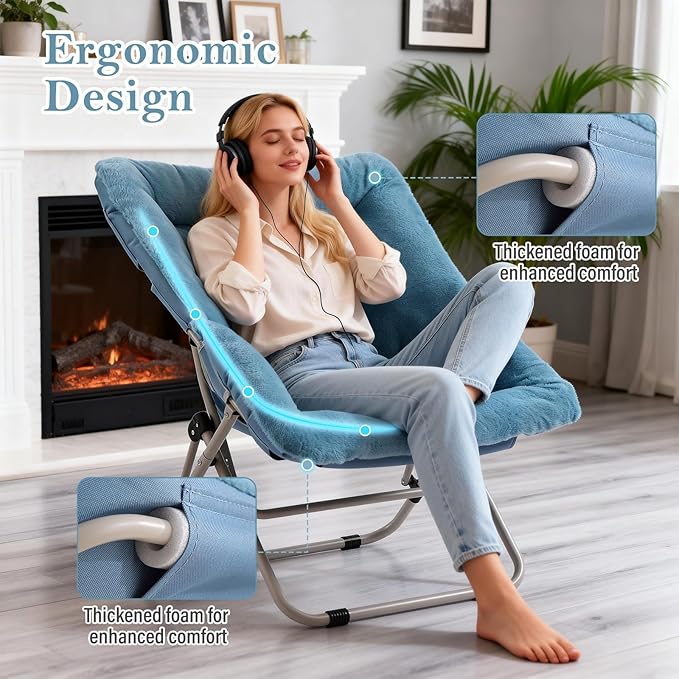 Saucer Chair, Comfy Bedroom Chairs, Oversized Folding Faux Fur Chair, Foldable Metal Frame Chair for Bedroom, Living Room, Balcony, Patio (Blue)