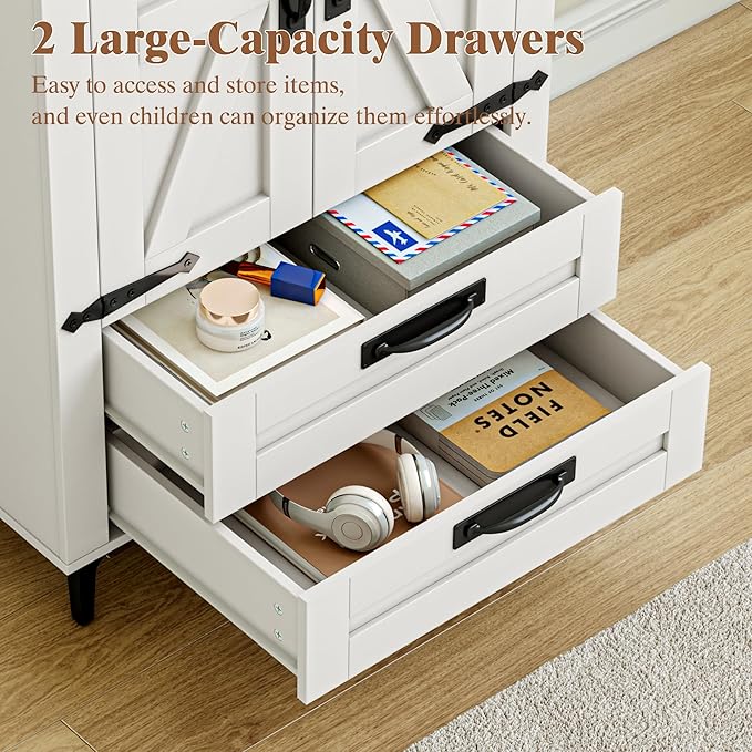 Bookshelf with Doors and 2 Drawers, 72in Tall Bookcase with Storage Cabinet and Adjustable Shelf, White Farmhouse Bookshelves Wood for Living Room, Bedroom