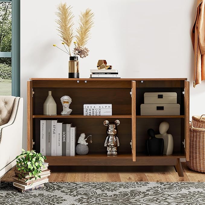 Fluted Sideboard Storage Cabinet with 3 Doors and Shelves, Mid Century Modern Accent Buffet Cabinet with Storage, Credenza Sideboard Buffet for Kitchen, Dining Room, Entryway, Under TV - Walnut