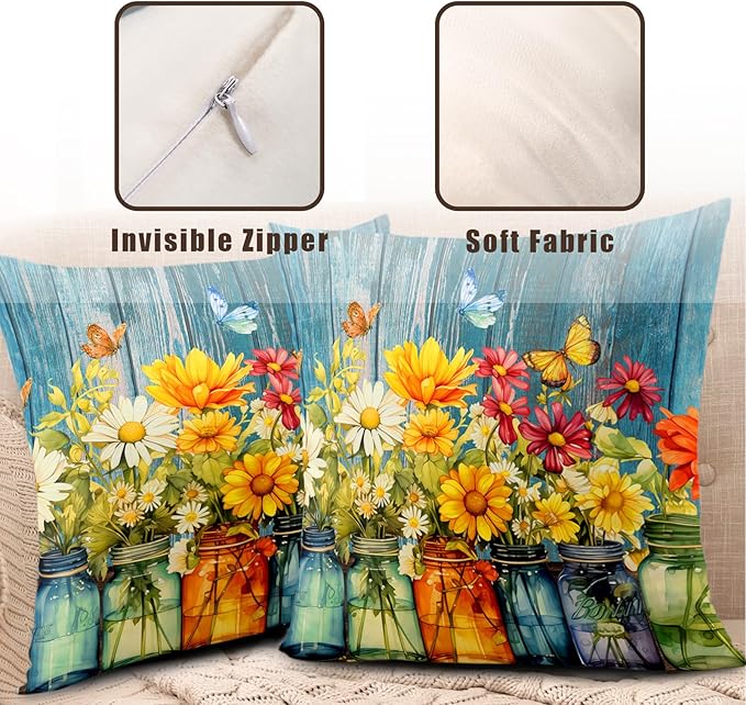 Daisy Floral Pillow Covers 24x24 Set of 2 Rustic Flower Mason Jar Wood Board Decorative Throw Pillow Cases Spring Summer Vintage Flowers Bloom Outdoor Pillowcase for Farmhouse Living Room Decor