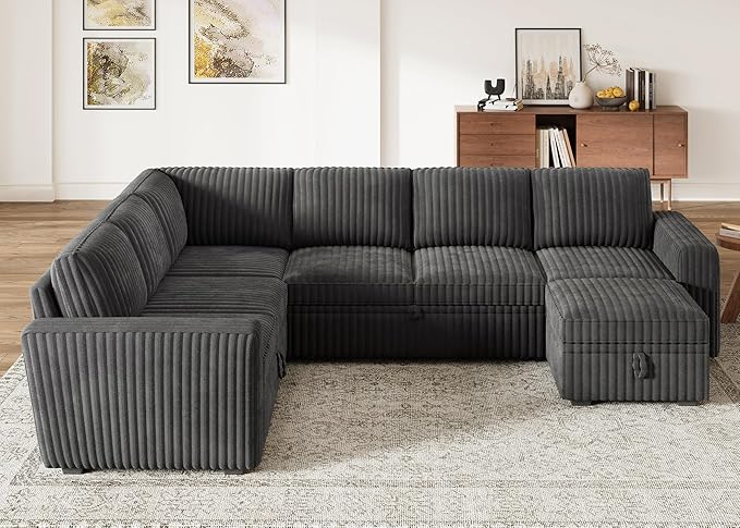 HONBAY Modular Sectional Sleeper Sofa with Pull Out Bed,Corduroy U Shaped Couch with Storage, Sectional Couches for Living Room,Dark Grey