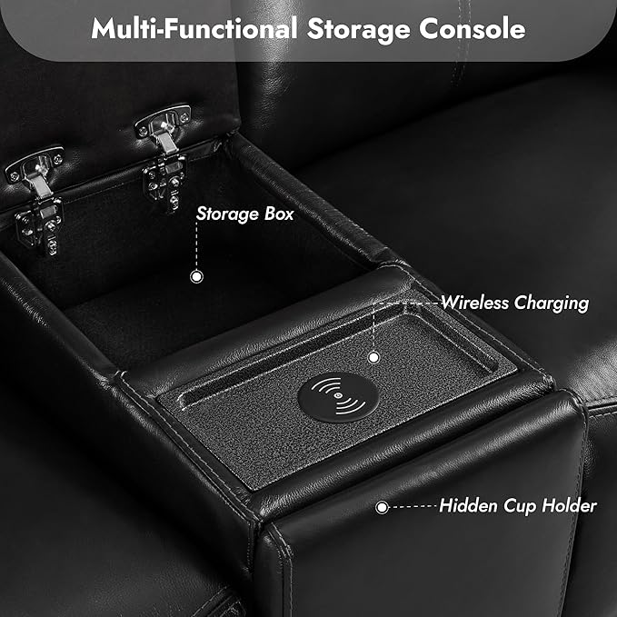Watson & Whitely Genuine Leather Power Recliner Sofa, 3 Seater Wall Hugger Reclining Sofas with Storage Console, Power Headrest, USB, Electric Recliner Couch Set for Living Room, Black
