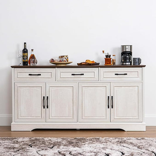 Large Buffet Sideboard Cabinet, 66 inch, 4 Doors and 3 Drawers, 65.8 x 15.8 x 31.9 inches (Wood Door, White Walnut Grain)