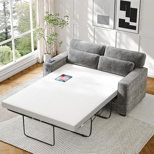 Marsail Pull Out Sofa Bed, Full Size Sleeper Sofa with Memory Foam Mattress, 2 USB Charging and Removable Covers, Loveseat for Living Room, Apartment, Supports 600 LBS, Chenille Fabric, Grey
