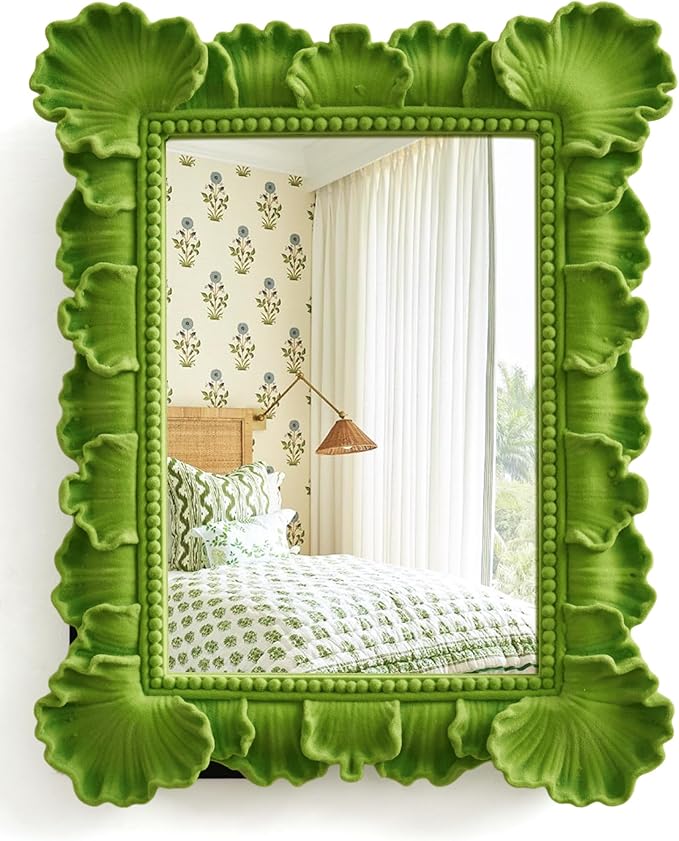 Unique Mirror Wall Decor with Resin Leaf Frame and Soft Velvet Touch for Bedroom Aesthetic, 14x12 Decorative Hanging Mirror Art Gift for Wedding Birthday Housewarming Christmas (Lawn Green)