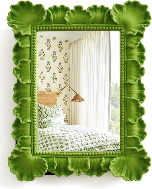 Unique Mirror Wall Decor with Resin Leaf Frame and Soft Velvet Touch for Bedroom Aesthetic, 14x12 Decorative Hanging Mirror Art Gift for Wedding Birthday Housewarming Christmas (Lawn Green)