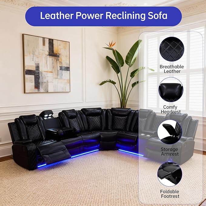 Power Reclining Leather Sectional Couch with Home Theater Seating, Air Leather Recliner Sofa with LED Lighting, Cup Holders and Storage, Modern Reclining Couch for Living Room/Bedroom, Black