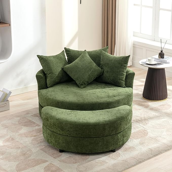 ERYE Oversized Round Accent Barrel Chair with Storage Ottoman and 360 Swivel Base, Modern Chenille Upholstered Leisure Recliner Armchair for Living Room Bedroom