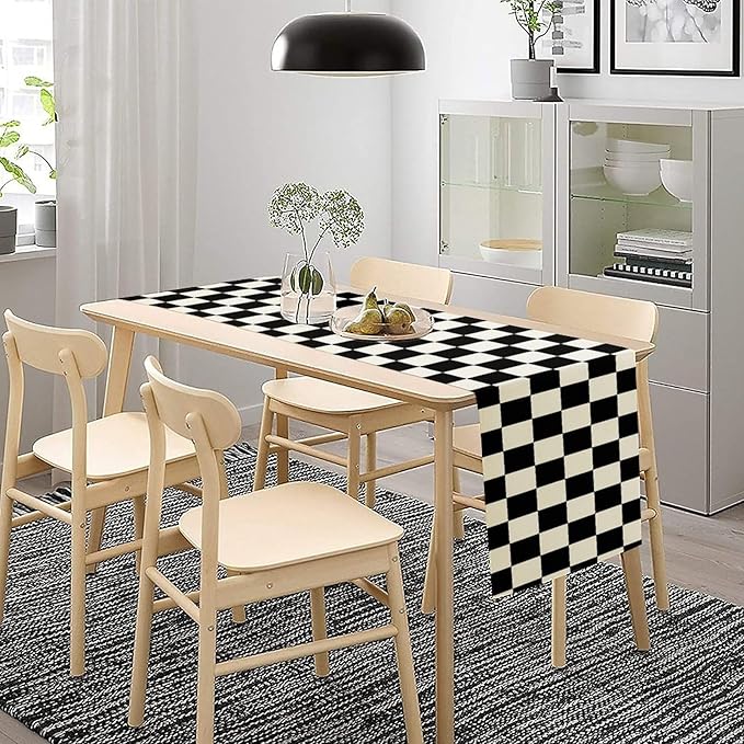 Black White Plaid Table Runner Racing Car Theme for Birthday Reunion Party Home Kitchen Dining Room Dinner Runner Decor 13x90in