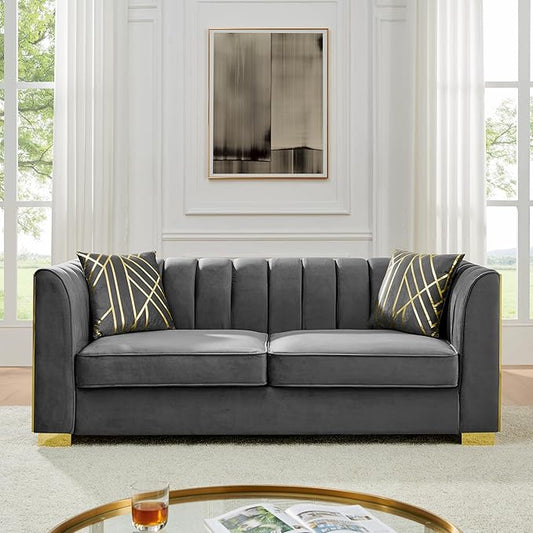 KEIKI 81" Luxury Oversized Velvet Chesterfield Sofa with 2 Pillow & Gold Stainless Decoration, Mid-Century Style 3-Seater Button Tufted Couch with Square Arms, Easy Assembly, for Living Room, Gray