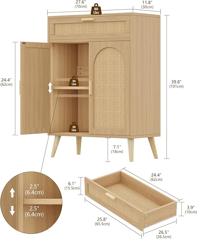 Rattan Buffet Sideboard Set of 2, Boho Buffet Cabinet with Adjustable Shelf & Doors, Kitchen Floor Storage Cabinet with Drawer, Coffee Buffet Cabinet for Living Room, Hallway, Entryway, Natural Oak