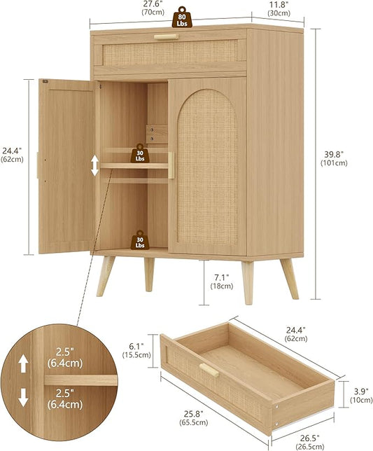 Rattan Buffet Sideboard Set of 2, Boho Buffet Cabinet with Adjustable Shelf & Doors, Kitchen Floor Storage Cabinet with Drawer, Coffee Buffet Cabinet for Living Room, Hallway, Entryway, Natural Oak