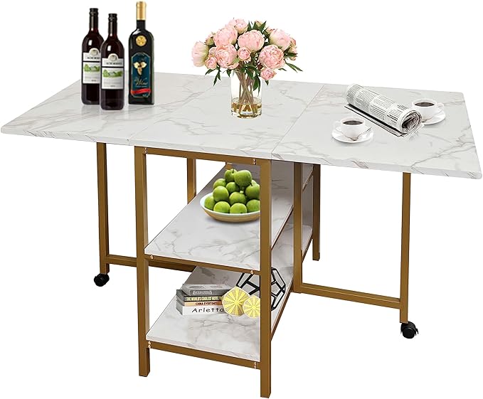 AT-VALY Folding Dining Table with 2 Storage Open Shelf,Drop Leaf Extension Dining Table,Top Folding 15.7" to 55.1" Kitchen Table (Gold)