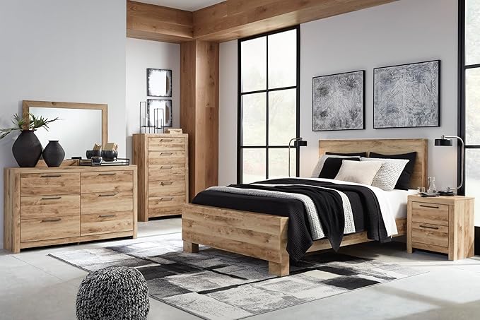 Signature Design by Ashley Hyanna Rustic Contemporary 2 Drawer Nightstand with 2 USB Charging Ports, Wood, 24.37" High, Light Golden Brown Finish