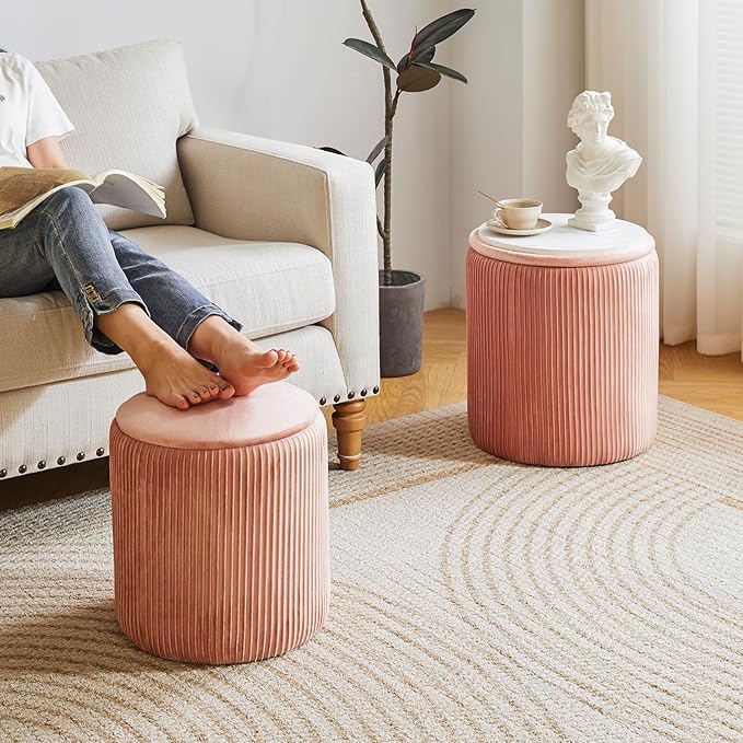 IBUYKE Round Ottoman with Storage Set of 2 Boucle Ottoman End Table for Living Room Vanity Stool Velvet Footrest Stool Bar Stool Pink UWBD005P