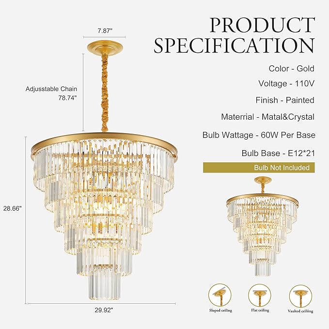 21-Light Gold Crystal Chandelier 29.92" Modern Crystal Pendant Ceiling Light Fixture 7-Tier Luxury K9 Crystal Chandeliers,for Living Room Hotel Lobby Restaurant Foyer High Ceiling