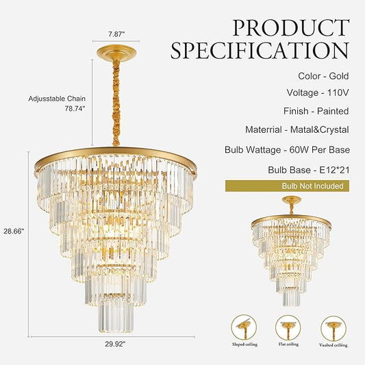 21-Light Gold Crystal Chandelier 29.92" Modern Crystal Pendant Ceiling Light Fixture 7-Tier Luxury K9 Crystal Chandeliers,for Living Room Hotel Lobby Restaurant Foyer High Ceiling
