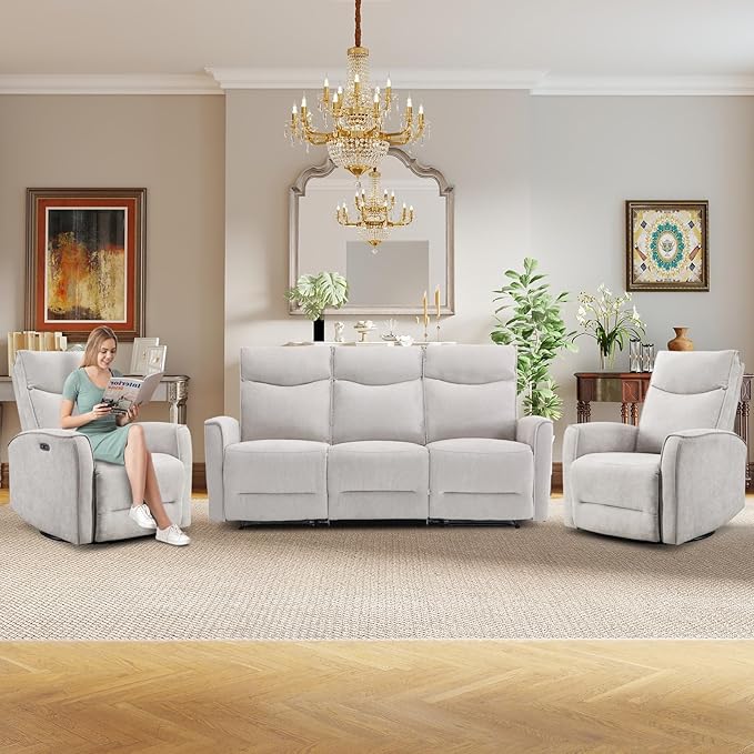 ANJ 3Pieces Recliner Sofa Furniture Set,Power Swivel Recliner Chair with USB Port, 2-Seater Loveseat Sofa and 80" Wide Overstuffed 3 Seater Reclining Couch for Living Room, Light Grey