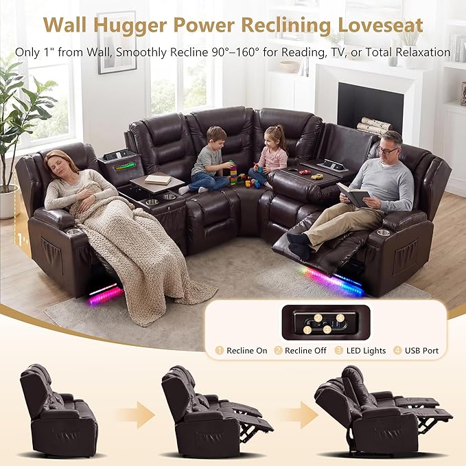 SAMERY Recliner Sectional Couch, Power Reclining Sectional Sofa, Wall Hugger Recliners RV Couch with Corner Couch, Flip-Backrest, Lift-Top Table, Ambient Lights, USB, Faux Leather, Brown | Extra Wide Seat, Plush Padding, Dual Power Recline, Lift-Up Tab...