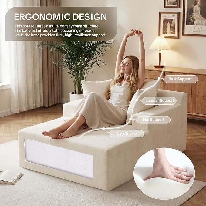 66" Chaise Lounge Chair Indoor, Oversized Boneless Lounge Chair with 3 Pillows, Chenille Cloud Reading Chair for Living Room Bedroom, Deep Seat Sleeper Couch, No Assembly Required
