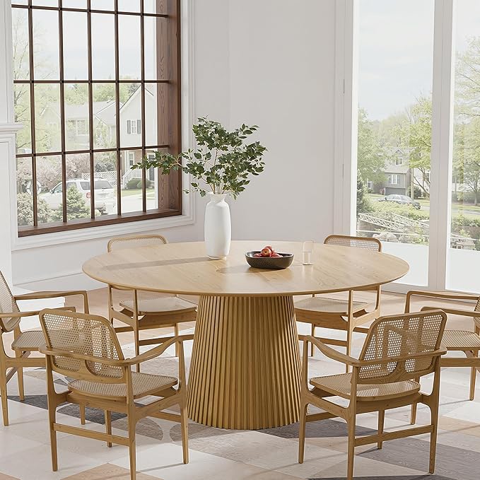 Casaphoria 60" Round Dining Table, Modern Wood Kitchen Table with Cone Grating Bar Base for Living Room & Dining Room, Easy Assembly Farmhouse Furniture for 4-6, Oak