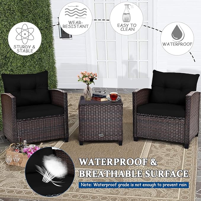 AUGESTER 3 PCS Patio Furniture Set, Outdoor PE Rattan Wicker Conversation Sofa Set w/Washable Cushion and Tempered Glass Tabletop, All Weather Chat Sofa for Garden Poolside Balcony Porch (Black)