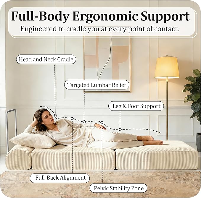 31.5'' Convertible Compressed Corduroy Folding Cloud Sofa Bed, Modern Boneless Pull Out Sleeper Sofa Couch in a Box, 3 in 1 Portable Lazy Floor Lounge Chair, No Assembly Needed, Beige, Pillow, Single