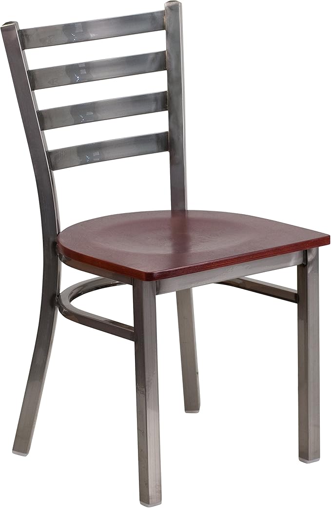 Flash Furniture HERCULES Series Clear Coated Ladder Back Metal Restaurant Chair - Mahogany Wood Seat
