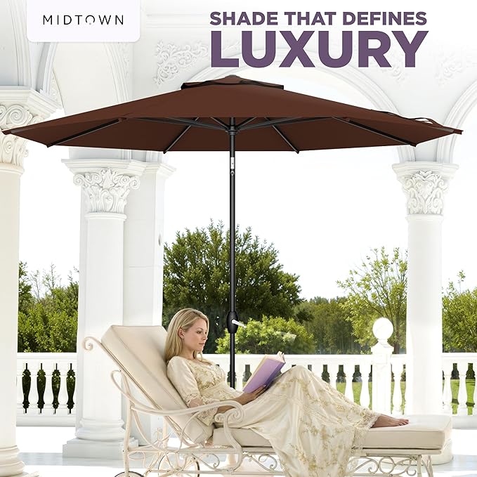 Midtown Umbrellas - The Lean 8 Ft Patio Umbrella with Fade-Resistant Sunbrella Fabric, Auto-Tilt Aluminum Frame and 8 Reinforced Ribs for Deck, Pool & Garden - Bay Brown Canopy, Black Pole