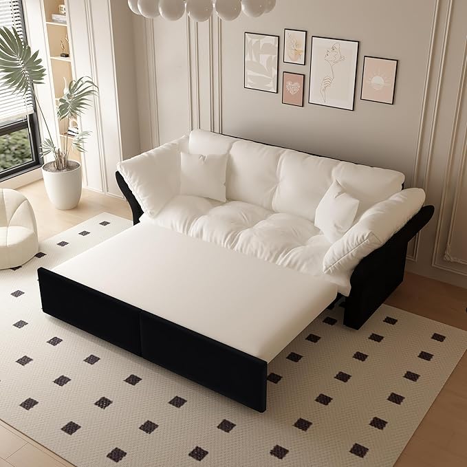 Eafurn 3-in-1 Convertible Sofa Bed Queen Size Pull Out Sleeper Sofa with Skin-Friendly Velvet Fabric, Multi-Functional Loveseat with Pillow Armrest for Guest Room & Living Room