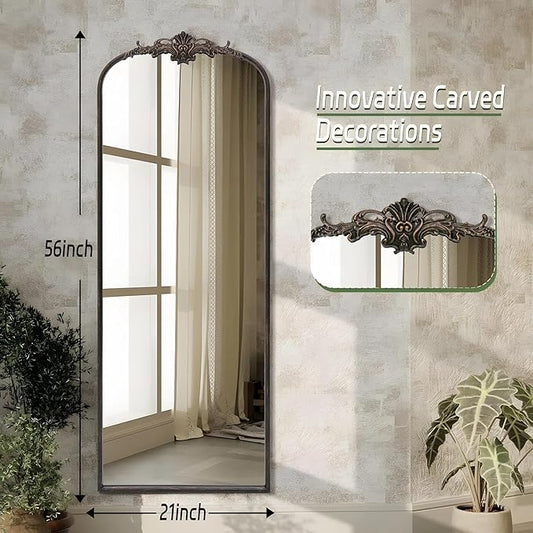 Besdomus Arched Mirror Full Length: 21"x56" Black Vintage Full Body Mirror - Floor Antique Baroque Traditional Ornate for Entryway/Cloakroom/Bedroom/Living Room - Home Decor for Homemakers