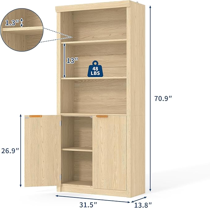 Garvee Tall Book Shelf and Bookcase, Wooden Bookcase with Doors, Modern Book Case with Large Storage Cabinet, 5-Shelf Bookcases with Adjustable top Shelve for Home Office, Living Room, 2 Set Oak