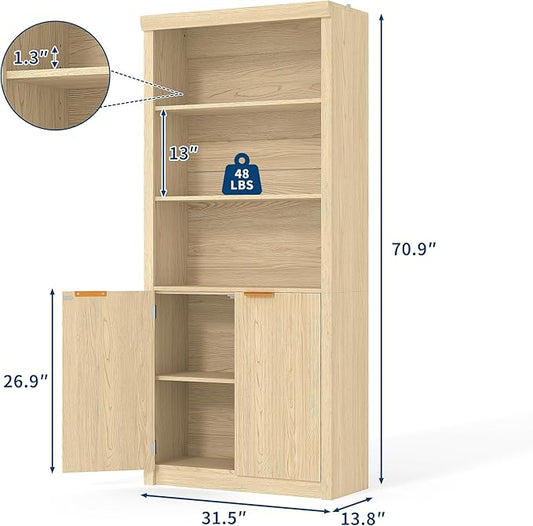 Garvee Tall Book Shelf and Bookcase, Wooden Bookcase with Doors, Modern Book Case with Large Storage Cabinet, 5-Shelf Bookcases with Adjustable top Shelve for Home Office, Living Room, 2 Set Oak