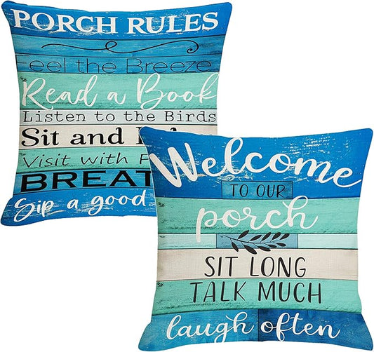 Jartinle Waterproof Outdoor Pillow Covers 18x18 - Turquoise Blue Beige Woodgrain Coastal Farmhouse Welcome to Porch Decorative Cushion Covers for Patio Furniture, Set of 2