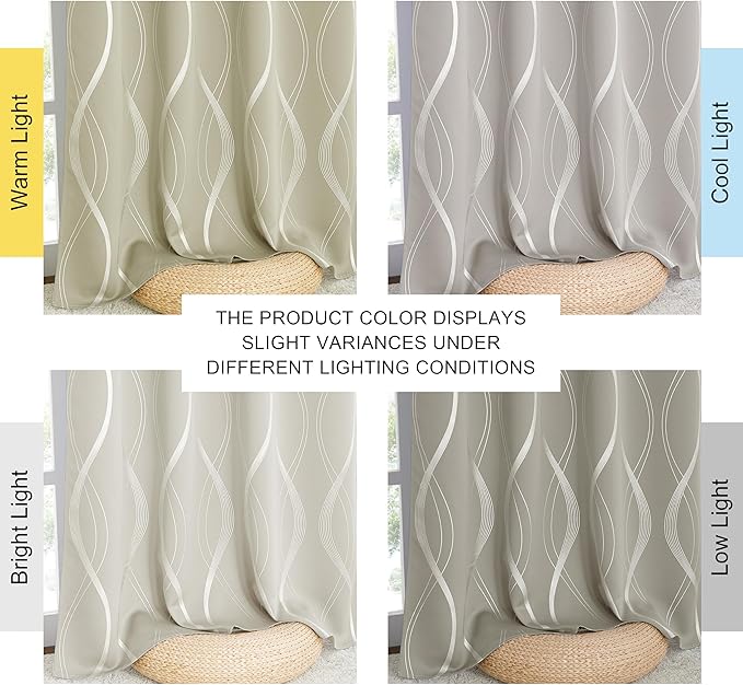 NICETOWN Room Darkening Curtains for Bedroom, Natural, 2 Panels, 52 x 84 inch, Noise Reducing Thermal Insulated Wave Line Foil Print Design Blackout Curtains for Storage Office Work Area