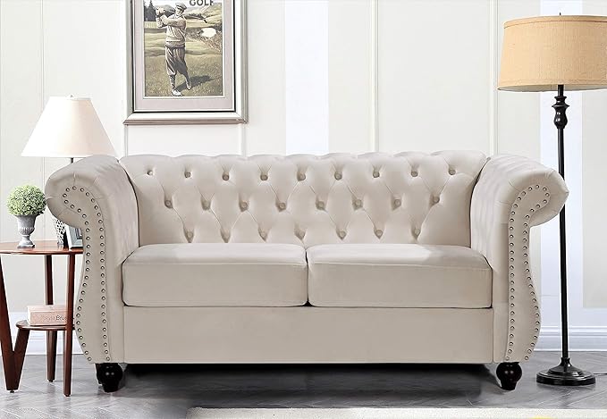 Container Furniture Direct Feinstein Modern Velvet Chesterfield Couches for Living Room with Nailheads, Diamond Tufting & Durable Metal Frame, Chair, Loveseat & Sofa, Ivory