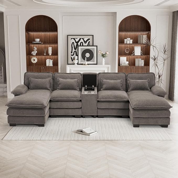 133" Oversized U Shaped Cloud Couch Modular Sectional Couches for Living Room Comfy Chenille Deep Seat Sofa Set with Double Chaise Lounge, Storage Central Console, Cup Holders, USB Port, Stone Grey