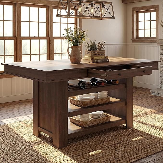GarveeHome Tall Bar Height Dining Table for Kitchen & Bar, Seats 4-6, Heavy Duty Wood Counter Table with Thick Large Top, Deepened Wine Rack, 2 Drawers & 3 Shelves, for Kitchen, Bar, Rustic Brown