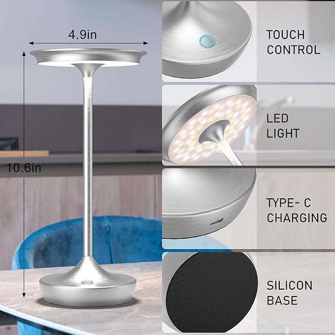 YHT Cordless Table Lamps Rechargeable, 6000mAh Battery Operated Portable LED Waterproof Lamp, 3 Color Stepless Dimming Light with Memory Function for Outdoor Dinning Patio Restaurant (Sliver 1Pack)
