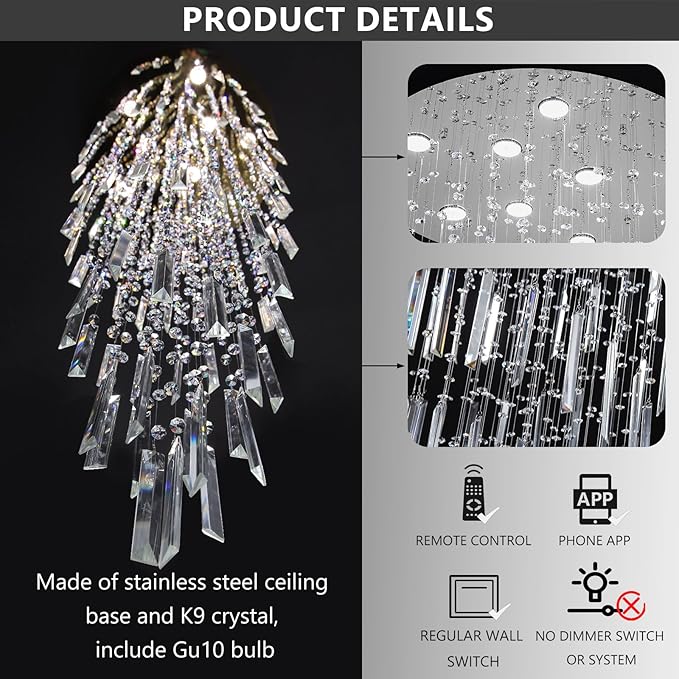 D24'' x H78'' Modern Crystal Chandelier High Ceiling Chandeliers for Entryway Glam Chandelier Large Raindrop Chandeliers LED Dimmable Light Fixtures for Staircaes Foyer Hallway Living Room