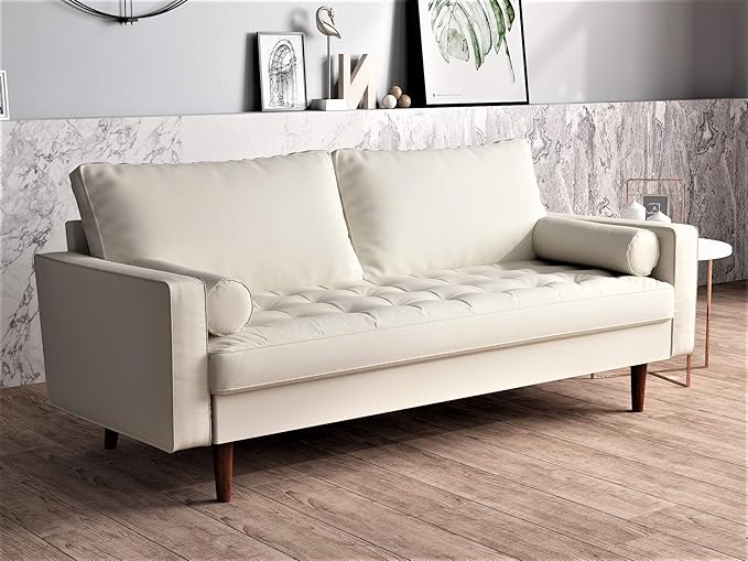 Container Furniture Direct Womble Mid Century Modern Couch with Bolster Pillows, PU Leather Upholstered Tufted Seat, Versatile Retro Design for Comfortable Living Spaces, Sofa, White