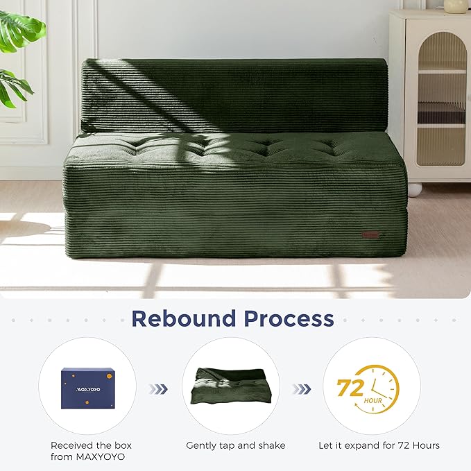 MAXYOYO 8" Folding Sofa Bed, Convertible Sleeper Sofa Lounger Foldable Mattress, Wedge Shape Floor Couch Tufted Fold Out Chair Bed Comfy Floor Couch Lounge for Living Room, Loveseat, Dark Green